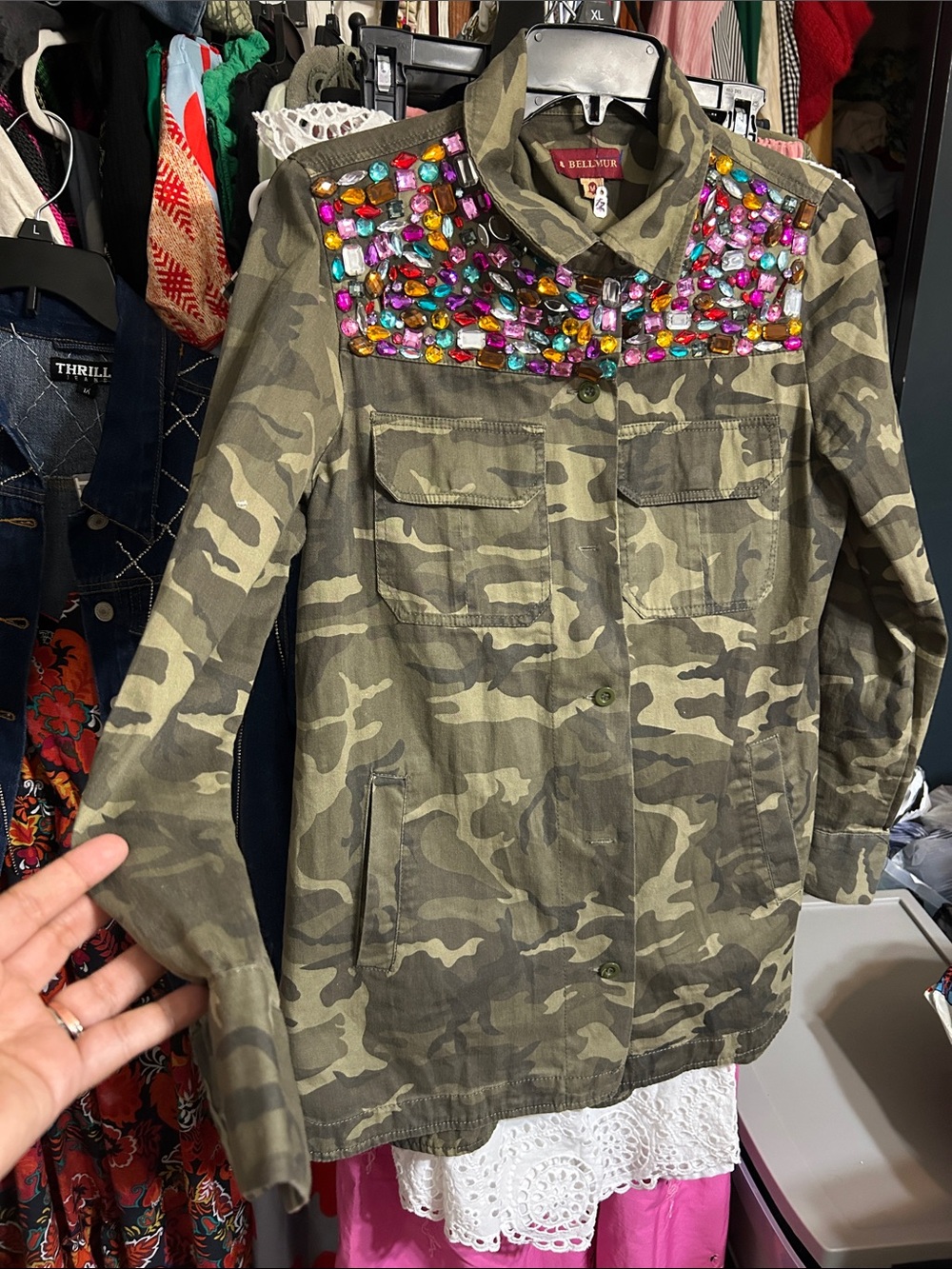 Bellmur Green Camo Utility shacket with colorful Gem Embellishments size medium